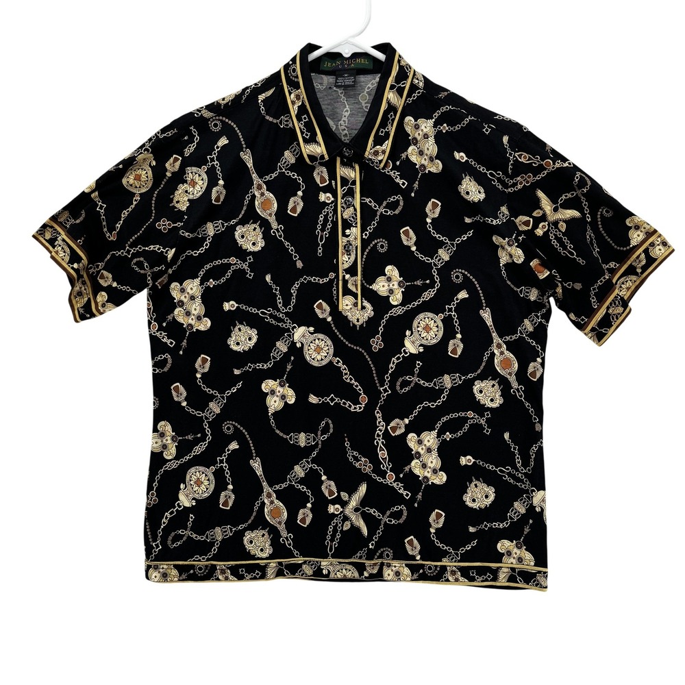 Jean Michel Polo Shirt Womens Medium Black Gold Chain Print Vintage 90s Designer
